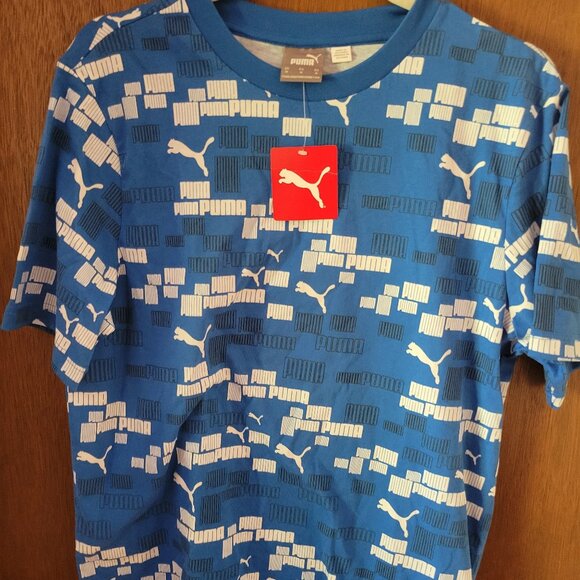 NWT Men Light Blue Puma T-Shirt with block letters and White Puma Images - Picture 1 of 3